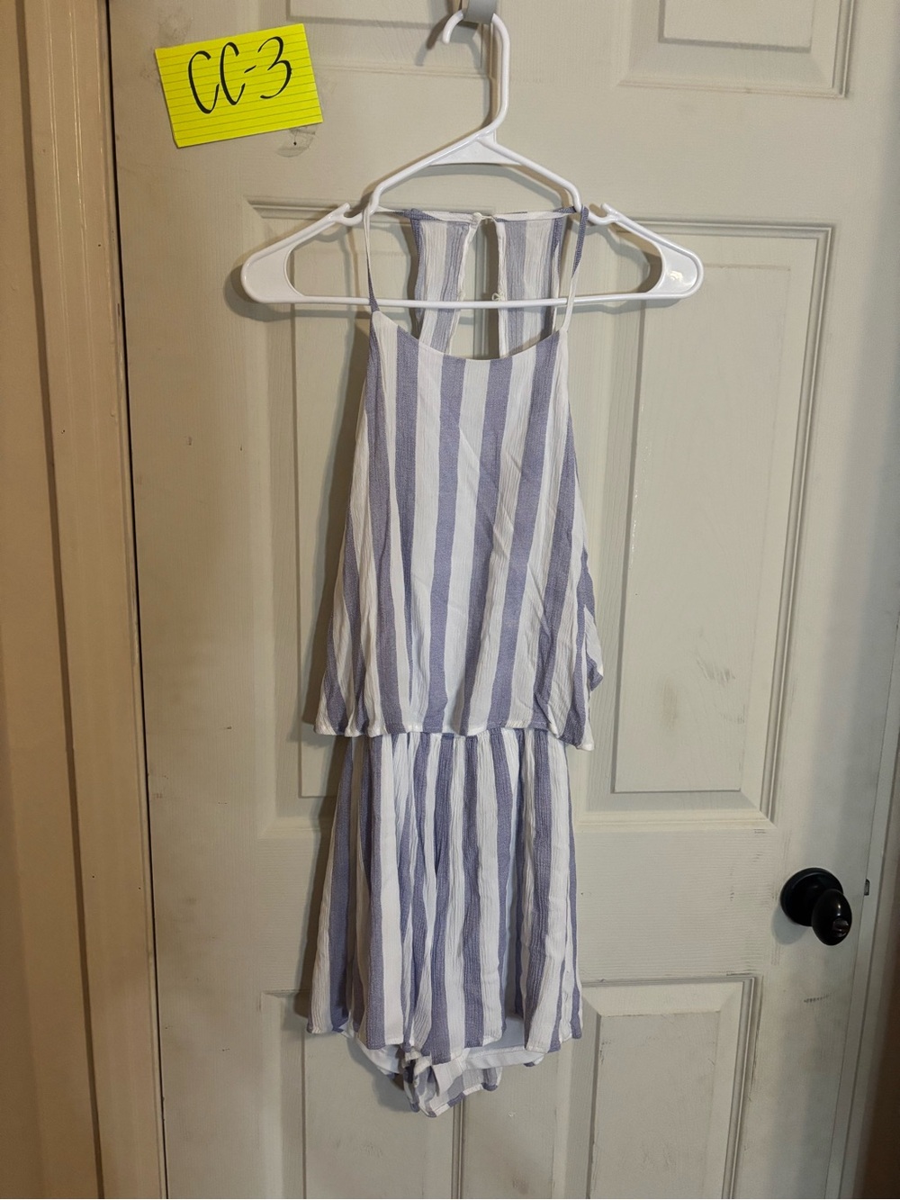 FAVLUX White and Light Blue Striped Sleeveless Romper